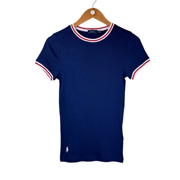 Polo Ralph Lauren Navy Blue Ribbed Red White Trim Logo Slim Fit Baby Tee - Picture 4 of 13